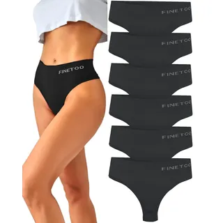 FINETOO 6er-Pack String Tangas Damen Bauchkontrolle Strings Set Atmungsaktiv Thong Frauen Unterhosen Hoher Taille Unterwäsche Weich Panties Mehrpack S-XL