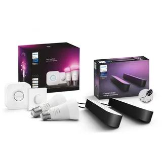 Philips Hue White & Color Ambiance E27 2er Starter Set inkl.Hue Bridge+2m Lightstrip Basis, 2x806lm, bis zu 16 Mio. Farben, dimmbar, steuerbar via App, kompatibel mit Amazon Alexa (Echo, Echo Dot)