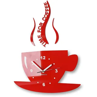 FLEXISTYLE Tasse Time for Coffee (Zeit für Kaffee) Moderne Küche Wanduhr rot, 3D römisch, wanduhr deko, 32 x 19