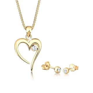 Ohrring und Ketten Set ELLI "Schmuckset Herz Solitär Zirkonia In Love 925 Sterling Silber" Gr. 45, gold, Schmuck_Sets, Damen, 45, Ohrring und Ketten Set