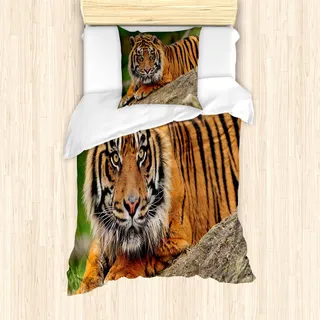 ABAKUHAUS Tiger Mantele, Crouching Tiger auf Felsen, Milbensicher Allergiker geeignet mit Kissenbezügen, 135 cm x 200 cm - 80 x 80 cm, Mehrfarbig
