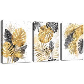 3 Pcs Leinwandbilder Bilder mit Rahmen Marmor Grau Gold Palme Blätter bild auf leinwand Wandkunst Modern Wandbilder Kunstdruck Deko für Wohnzimmer Schlafzimmer fertig zum Aufhängen 120x60cm(40x60x3)