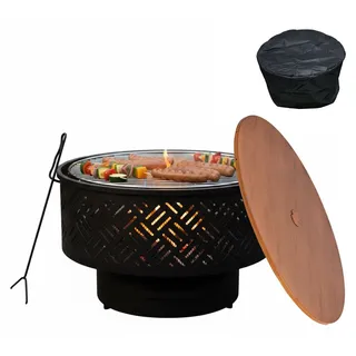 Feuerschale mit Deckel und Grillrost - Schwarz, für den Garten