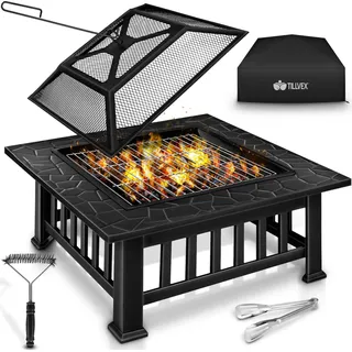 tillvex Feuerschale mit Funkenschutz & Grillrost | Feuerstelle Outdoor für den Garten | 3 in 1 BBQ Grill mit Abdeckung, Schürhaken, Zange & Kohlerost