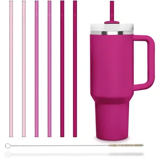 HALM Pinke Glasstrohhalme 6x 30 cm lang für Stanley Cup Quencher Tumbler & Flaschen bis 1,2 Liter + Reinigungsbürste Spülmaschinenfest - Wiederverwendbare Ersatz Strohhalme