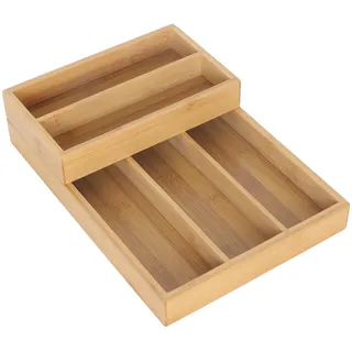 Relaxdays Besteckeinsatz Bambus, 2-teilig, 6 Fächer, stapelbar, Schubladeneinsatz, Besteckkasten platzsparend, Natur