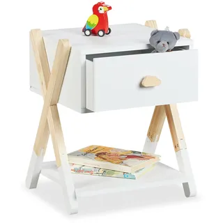 Relaxdays Nachttisch Kinder, Schublade, HBT 42x34x32 cm, Kinderzimmer, Kinderkommode X-Design, Holz & MDF, weiß/Natur
