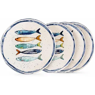 Teller im mediterranen Design mit Sardinen-Motiv | Maritime Speiseteller (26 cm), Suppenteller (21 cm) oder Dessertteller (20 cm) - robust, Steinzeug, glattes Finish (4er Set Dessertteller (20 cm))