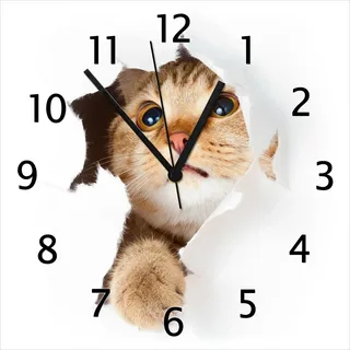 Wallario Design Wanduhr Katze mit Blick nach oben aus Echtglas, Größe 30 x 30 cm - Braun