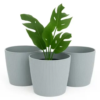 Home Garden Ornaments Blumentopf Set 3er – Kunststoff Übertopf, geriffeltes Design, modern & dekorativ, für Zimmerpflanzen (15,5 cm, Grau)