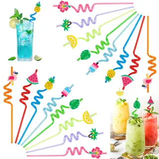 Cocktail Strohhalme Trinkhalme Plastik Dicke Plastikstrohhalme mit Knick 16 Stück Trinkröhrchen Wiederverwendbar Straws Regenwald Party Deko Strohalme Kunststoff für Kinder Erwachsene (Regenwald)