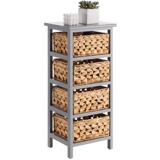 CARO-Möbel Kommode Arbo mit 4 Körben aus Wasserhyazinthe, Schubladenschrank aus hochwertigem Paulownia Holz, grau lackiert