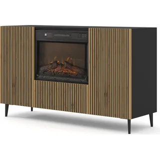 Kommode RAVENNA F 140 cm 2D1K mit elektrischem Kamin SCHWARZ MATT / ARTISAN EICHE auf schwarzen Beinen - Schwarz, Beige