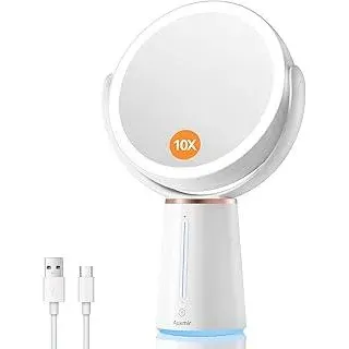 Auxmir Schminkspiegel mit Beleuchtung, LED Kosmetikspiegel 1X/ 10X Vergrößerungsspiegel mit Licht & 10 Dimmbar Helligkeit, Tischspiegel 360° Drehbar Spiegel mit 52 LEDs für Schminktisch, 2500mAh