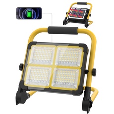 LED Strahler Akku, LED Baustrahler Akku 100W mit Tragbarem und Drehbarem Ständer/ 336LEDs/ Solarpanel/ 4 Lichtmodi/Externer Akku mit 12000mAh, Baustrahler LED Akku Ideal für Camping, Arbeit, Angeln