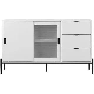 Wishdor Sideboard Weiß, mit geriffelter Glasfront, 3 Schubladen, Türen und schwarzem Metallgestell, 155/40/91,5 cm , Holzwerkstoff, Glas , Rechteckig , 155x91.5x40 cm , Kleinmöbel, Kommoden, Sideboards