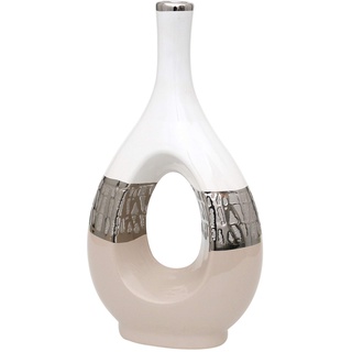 Dekohelden24 Moderne Deko Designer Keramik Vase oval mit Loch in Cappuccino/Silber/weiß. Maße L/B/H: 18 x 9 x 33,5 cm., 213103, Vase 33,5 cm