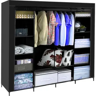 Kleiderschrank Stoffschrank Groß 170x170 cm Stabil 2 Kleiderstangen 14 Fächer Faltschrank für Schlafzimmer Ankleidezimmer Garderobe Schwarz 23740 - Schwarz
