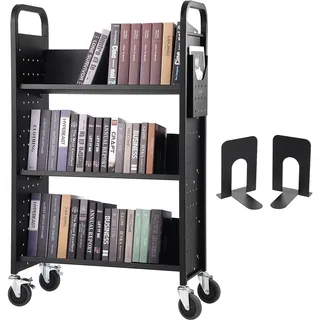 Vevor Bibliothekswagen 790x385x1250mm Abräumwagen 3 Regale Bücherwagen Kohlenstoffstahl + kaltgewalzte Stahlplatte Servierwagen 150 kg Gewichtskapazität (50 kg pro Regal) inkl. 2 Buchstützen