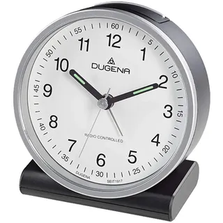 Dugena Funkwecker ohne Ticken, Leuchtzeigern und Snooze 4460943, Schwarz/Silber/Weiß, 108 x 108 x 55 mm