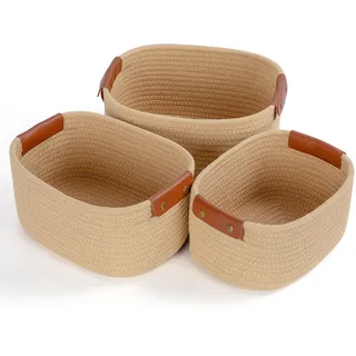 Otauoaea 3er Aufbewahrungskorb Geflochten Baumwollseil, Körbe Aufbewahrung Mit Haut behandeln Korb Aufbewahrung Storage Basket Regalkörbe für Bad, Schlafzimmer, Kinderzimmer, Wohnzimmer(Jute)