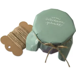 25 Marmeladendeckchen - vom Osterhasen gebracht - Gläserdeckchen grün weiß für Marmelade, Marmeladengläser & Einmachgläser, Recyclingpapier Abreißblock + 10 m Jute Garn + Justiergummi