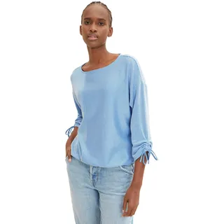 3/4-Arm-Shirt TOM TAILOR DENIM, Damen, Gr. M (38), weiß (blau, weiß, gestreift), Single Jersey, Obermaterial: 58% Viskose, 38% Polyester, 4% Elasthan, gestreift, loose fit normal, Rundhals, verstellbar mit Bindeband, Shirts 3/4-Arm-Shirt, in feiner Rippoptik