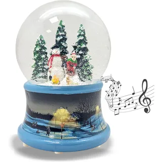 Schneekugel Schneemann Steht neben Kind auf Schlitten | Sockel Winterlandschaft Mittelblau | Spieluhr Stille Nacht, Heilige Nacht | Schüttelkugel Weihnachtsdekoration | B: 10 cm H: 14 cm | 20200