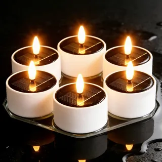 6 Stück Solar Teelichter für Außen, LED Solarkerzen Outdoor Wasserdicht, Warmweiß Flackernd Flammenlos, Wiederaufladbar Solar LED Teelichter für Garten Balkon Terrasse Laterne Camping Party (Weiß)