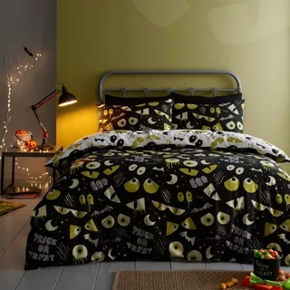 Bedlam - Halloween Gruselige Augen Bettwäsche - Einzelbett (140 x 200cm) - Wende-Design (2 Farben) - Leuchtet im Dunkeln - Creepy Monsteraugen Bettwäsche - Ideal für Halloween Deko & Schlafzimmer
