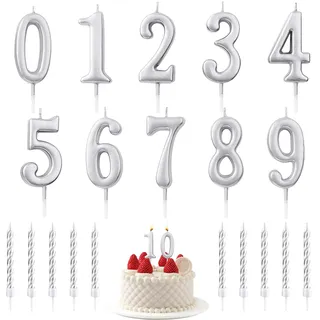 Geburtstagskerzen Zahlen 0-9, 20x Silber Glitzer Birthday Candles | Geburtstagskerzen Kuchen Nummer mit 10 Silber Spirale Kerzen & Halter, Kerzen Torte Dekoration für Geburtstag Hochzeit Party