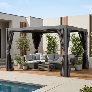 Pavillon 3m x 3,6m Aluminium Grau Wasserdicht Lamellendach Entwässerungssystem Moskitonetz Vorhänge