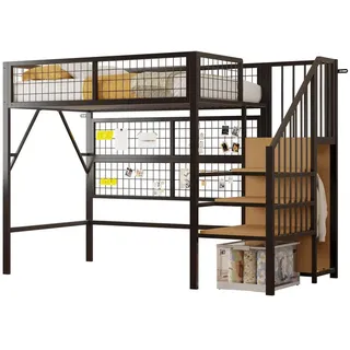 Stilvora Hochbett 90/200 cm in Schwarz mit Treppe, Stauraum und Led , Metall, Holzwerkstoff , 90x200 cm , Babymöbel & Kindermöbel, Kinderzimmer & Jugendzimmer, Kinderbetten, Hochbetten
