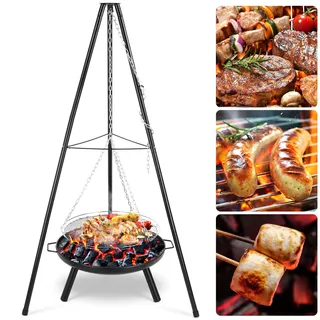 TLSUNNY Schwenkgrill Feuerschale mit Grillrost, Höhenverstellbarer Kette | Dreibein Grill mit Ø68 cm Feuerkorb, 3PCS Beine, BBQ Feuerstelle mit Griff, Feuerschalen für den Garten zum Grillen, Heizen