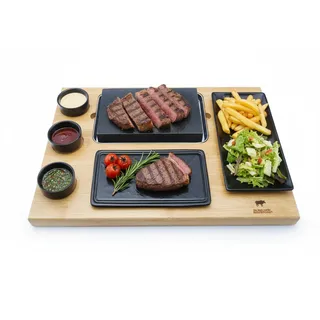 BEEFSTONE Heißer Stein Lavastein Steak-Brett Modell EVO, mit Teller in Schieferoptik, 3 Dipschalen und einer Beilagenplatte, 8-Teilig, Hot Stone Steak