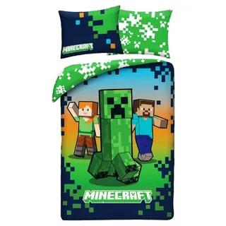 Halantex Minecraft Bettwäsche-Set Creeper Steve Alex Grün 140 x 200 cm + 70 x 90 cm