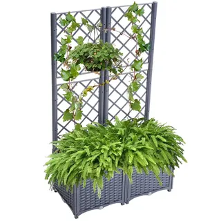 Mingone Blumenkasten mit Rankgitter – Wasserspeicher, Drainage – selbstbewässernd für Kletterpflanzen, ideal für Balkon, Terrasse & Garten (80×40×136 cm, Rattan-Optik Graublau)