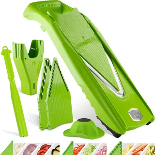 Börner Gemüsehobel V5 (Plus Set) • Verstellbarer V-Hobel mit extra viel Zubehör + Schäler • Gemüseschneider mit Edelstahl V-Klinge • Für Scheiben, Streifen, Würfel • Farbe: Grün