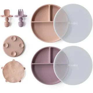 Moonkie 2pc Silikon Kinderteller mit Deckel, Baby teller mit Saugnapf, BPA-freie Rutschfest Geteilte Geschirr Set mit Gabeln und Löffel, Mikrowellen und Spülmaschinenfest(Blush/Pale Mauve)