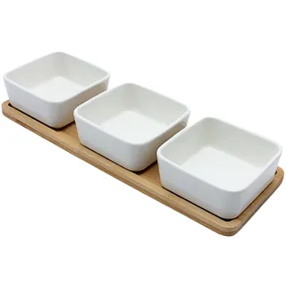 Dekohelden24 Dipschale, Tapas - Schale, 3 Schalen und Bambusbrett, Weiß und Naturfarben, Größe: L/B/H ca. 28 x 10 x 2 cm.