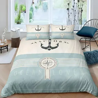 Qiwagu Bettwäsche 155x220 Anker Kompass Maritim, Bettwäsche-Sets KüStenstil aus Microfaser, Bettbezug 155x220 und 2 Kissenbezüge 80x80 cm, Z18