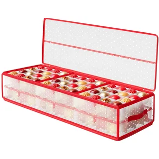 SONGMICS Aufbewahrungsbox für Weihnachtskugeln, Weihnachtskugeln Aufbewahrung, 96 Fächer je 7,6 cm, 96,5 x 33,5 x 17,5 cm, Trennwände, PP-Kunststoff, Reißverschluss Griffe, kirschrot RFB031T02