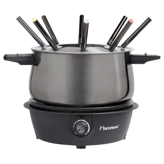 Bestron elektrisches Fondue Set für bis zu 8 Personen, mit 8x Fonduegabeln & stufenlosen Thermostat, inkl. Spritzschutz, Farbe: Titangrau