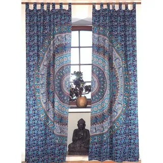 GURU SHOP Boho Vorhänge, Gardine (1 Paar) mit Schlaufen, Handbedruckter Ethno Style Vorhang, Mandala Motiv - Blau/türkis, Baumwolle, 220x100x0 cm