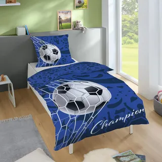 Familando – Fußball Bettwäsche-Set (2-teilig) – Decken- & Kissenbezug 135x200 cm & 80x80 cm mit Reißverschluss – 100% Baumwolle – Wendemotiv Champion – Atmungsaktiv & hautfreundlich - Öko-TEX