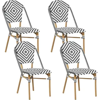 BELIANI Rattanstuhl 4er Set mit schwarzem und weißem Muster Metall Beine in Holzoptik Außenbereich Modern - Weiß, Schwarz, Braun
