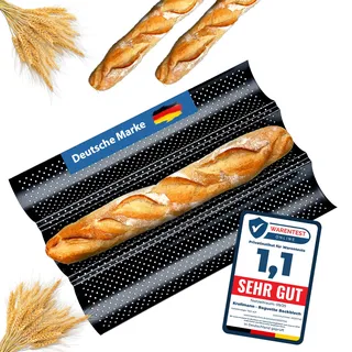 Krollmann Baguette Backblech mit Antihaftbeschichtung – Perforierte Baguette-Backform mit 3 Mulden – 38×24×2,5 cm Schwarz – Knuspriges Brot & Brötchen Backformen für Zuhause