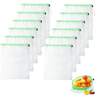 QINGYIWL 12 Stück Obst Gemüse Netztasche, 35 x 30 cm Wiederverwendbar Netzbeutel mit Kordelzug, Waschbar durchsichtige Netzbeutel für Lebensmittel, Gemüse, Obst, Spielzeug