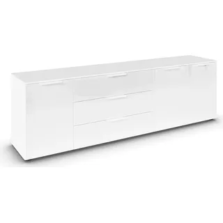 Rauch Flipp, Sideboard, TV-Schrank, Kommode mit 3 Schubladen und Soft-Close-Funktion sowie Glasfront weiß 3-türig Glastüren, Schubkästen, Griffe weiß, 199x61x42cm