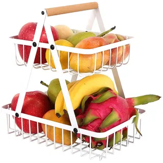 Obst Aufbewahrung, 2 Stöckig Obstetagere, Obstkorb Etagere, Abnehmbare Obst Etagere, Gemüsekorb, Weiß Metall Fruits Basket, mit Holzgriff, für Obst Brot Snacks Korb Gemüse Aufbewahrung für Küche